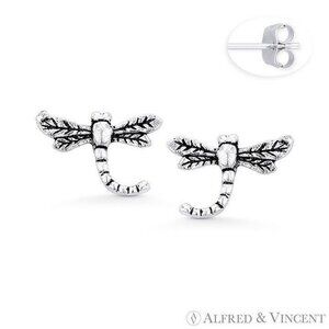Dragonfly Insect Animal Luck Charm Stud Earrings in Oxidized 925 Sterling Silver